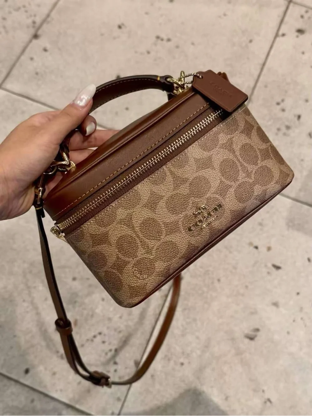 Coach Mini Vanity Crossbody in Signature Tan Canvas and Brown Leather